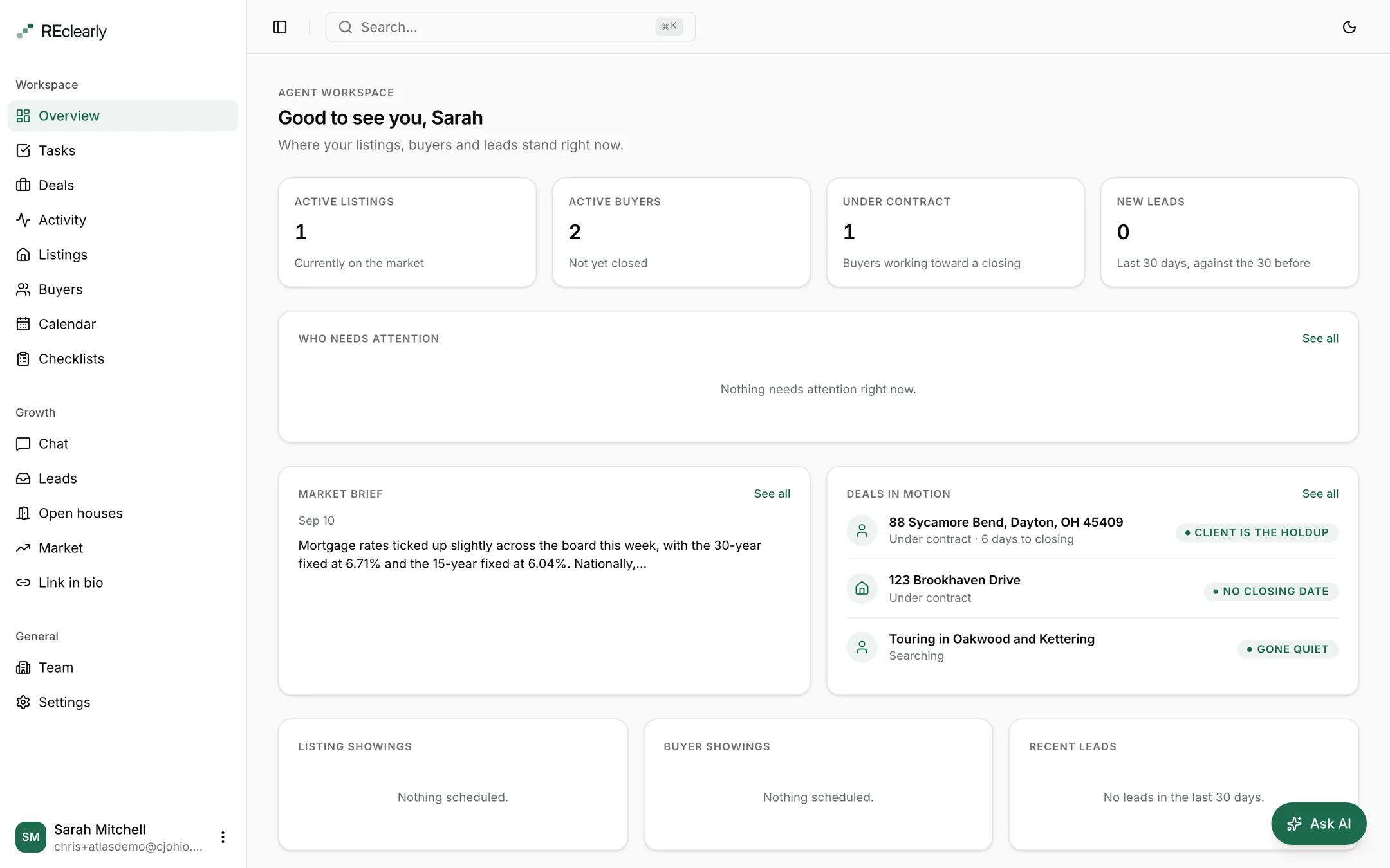 The Reclearly agent dashboard, demo account