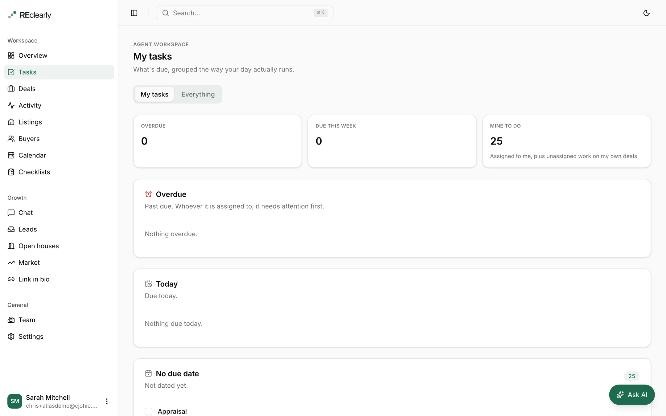 An agent's own task workspace in the Reclearly console, demo account