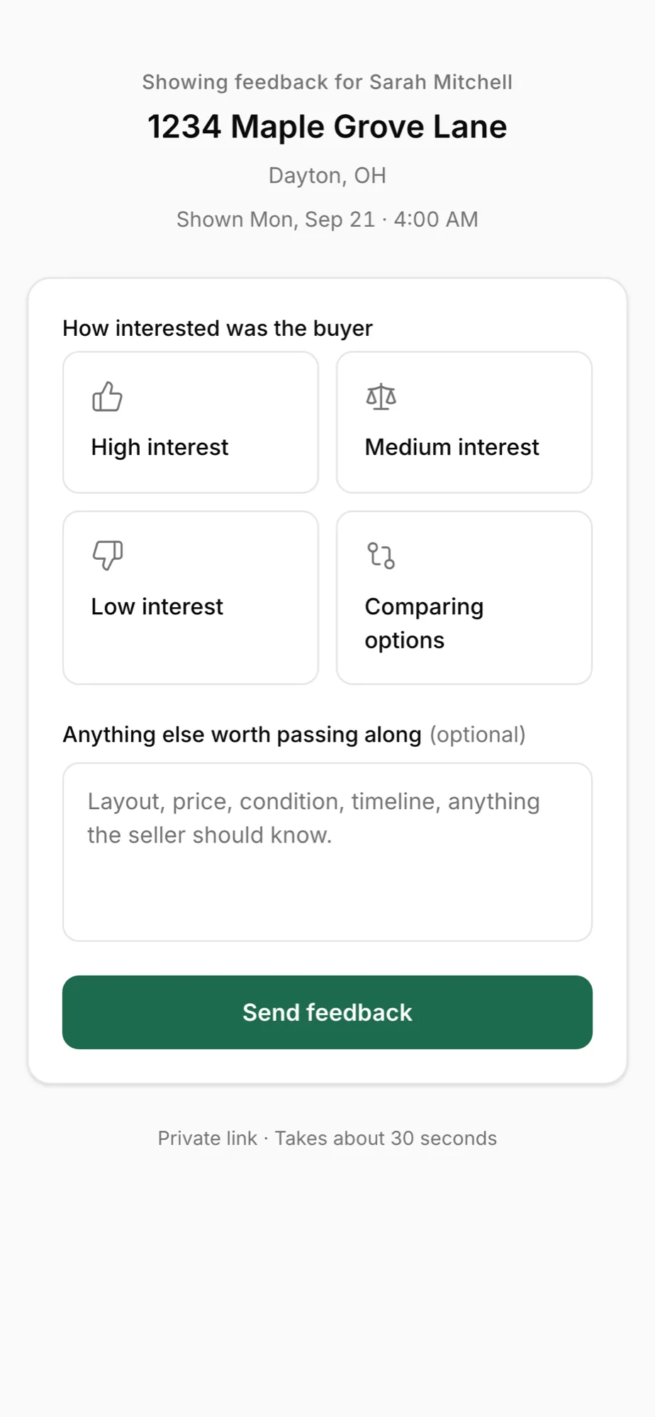 The feedback email sends itself, one hour after the showing