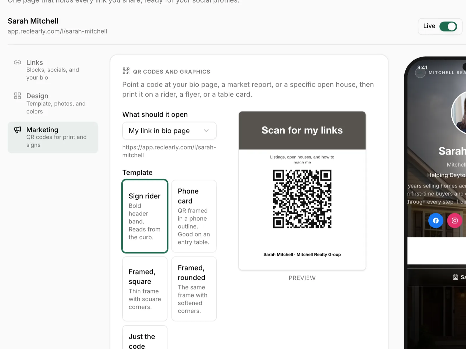 The QR code templates in the app: sign rider, phone card, framed and plain, with a live preview