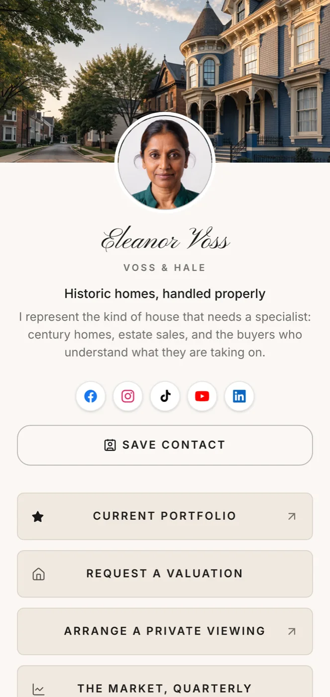 A published link in bio page on a phone, for a fictional agent on a demo account