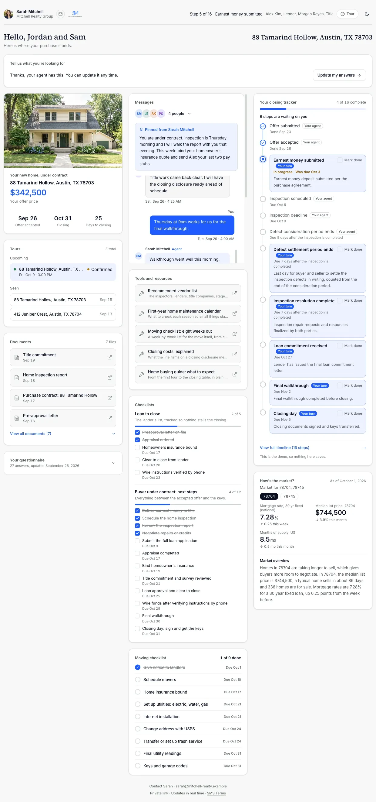 The full buyer portal on the demo account: the new home, messages with a pinned note, the closing tracker, checklists, tours, documents and the market