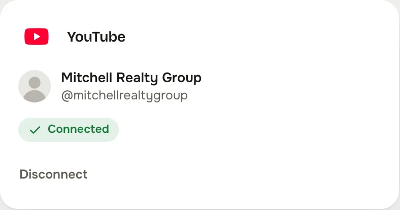 The YouTube card on the studio's Accounts screen