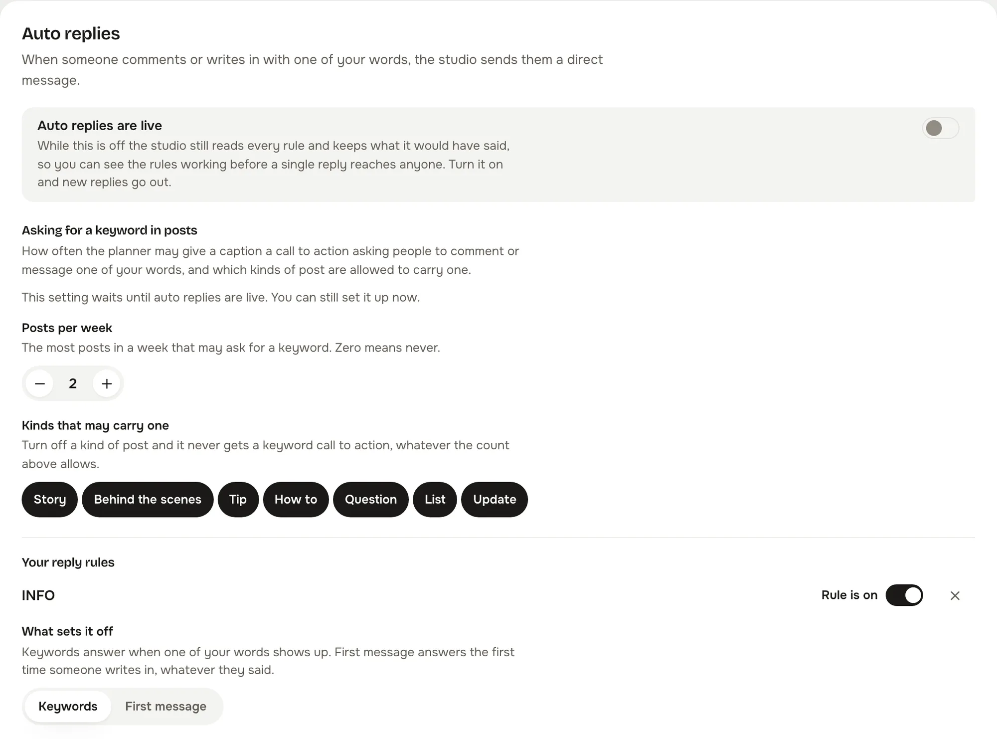 The Auto replies card: the live switch, the first message welcome rule, and keyword rules with their wait in minutes