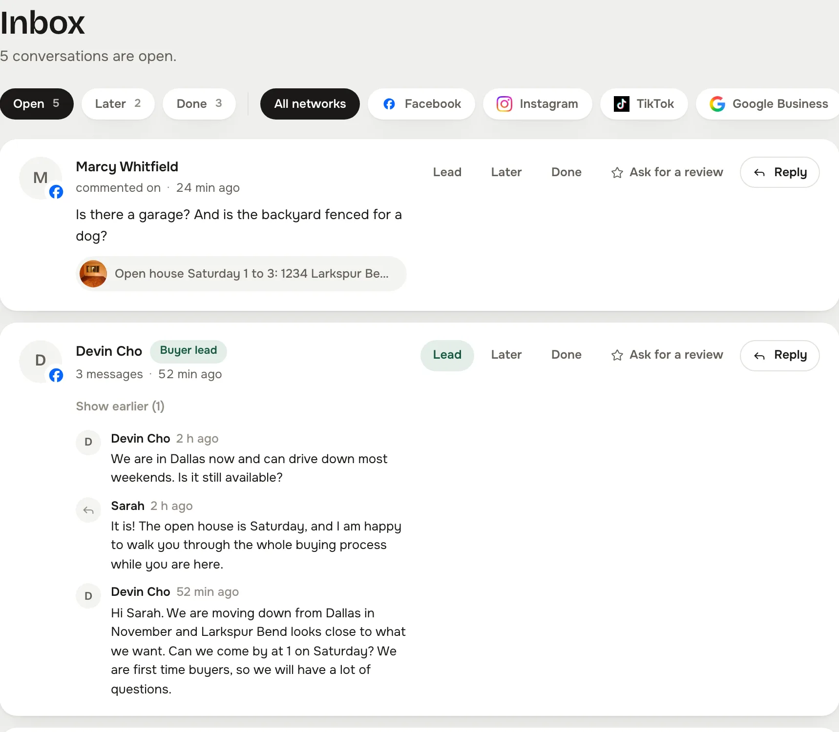 The inbox: conversations grouped by person, each with Reply, Lead, Later, Done and Ask for a review