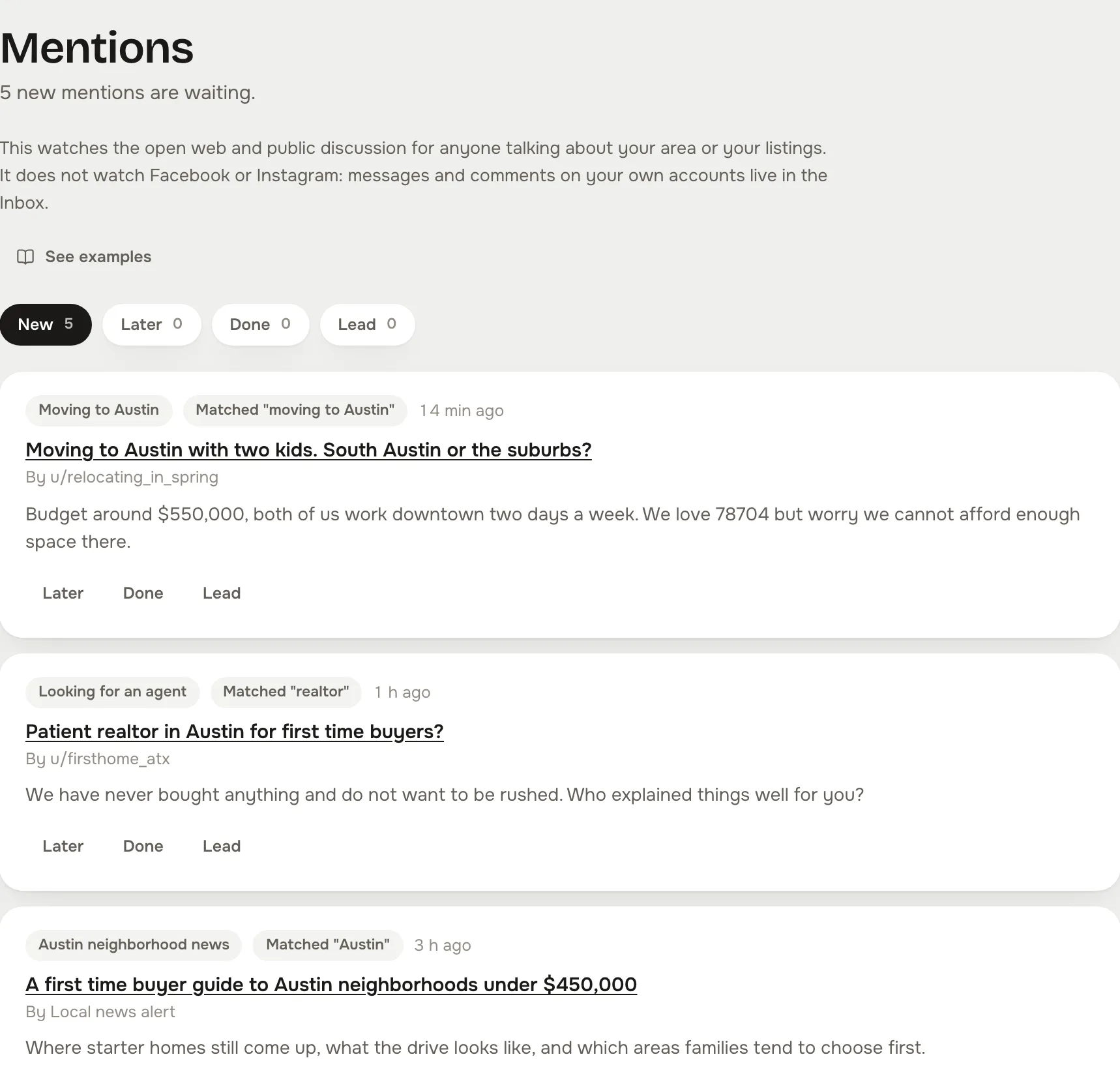 Mentions: public threads about moving to the area, each with the source it came from, the phrase it matched, and Later, Done and Lead