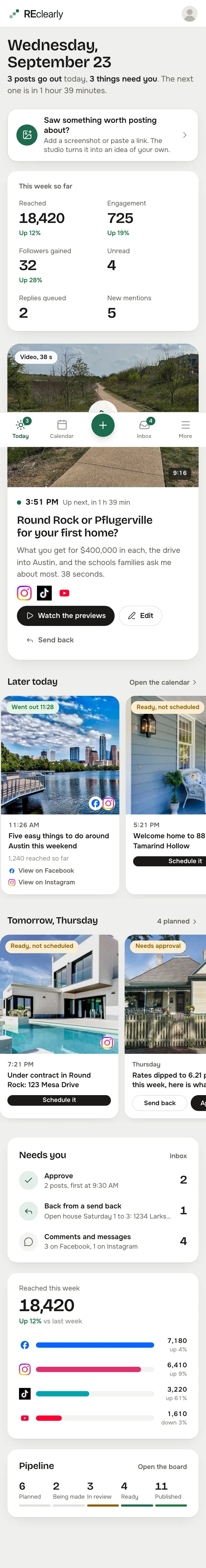 The studio's Today screen on a phone: what goes out today, this week so far, the next post, and the bottom bar with Today, Calendar, a new post, Inbox and More