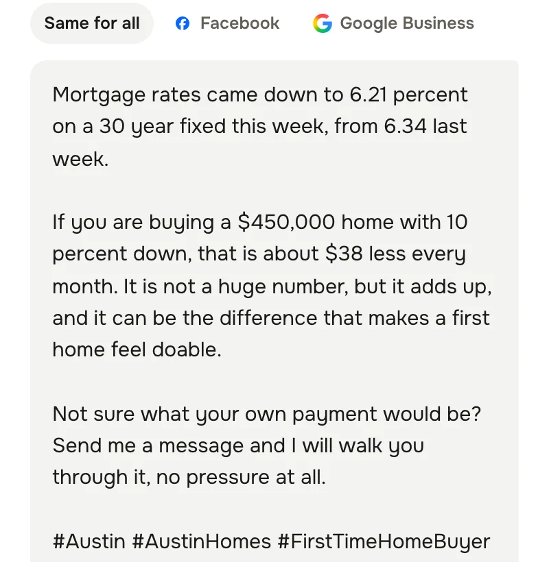 The caption of Sarah Mitchell's post about the week's rate update, in the composer, in that agent's voice