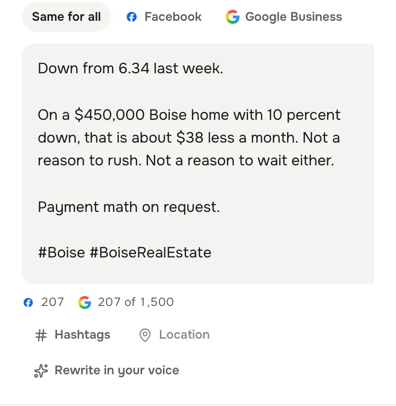 The caption of Tamsin Okereke's post about the week's rate update, in the composer, in that agent's voice