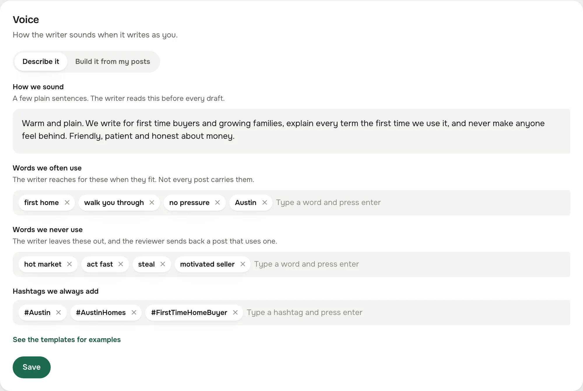 The writer drafts each post in your voice